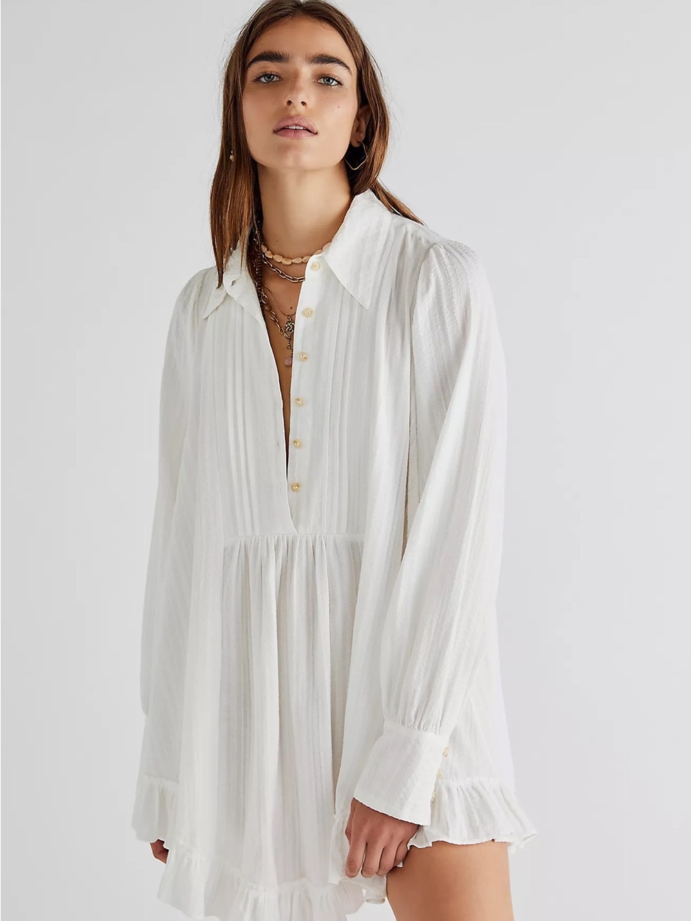 FREE PEOPLE Love Me Truly White Cotton Long Sleeve Tunic Top Mini Dress